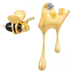 Gold Bee and Dripping Honey Asymmetric Stud Earrings