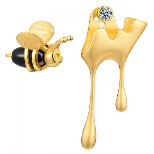 Gold Bee and Dripping Honey Asymmetric Stud Earrings