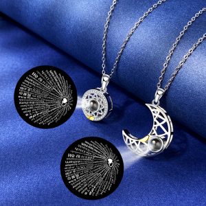 Sun Moon Shape Couple Personalized Necklaces Wedding Birthday Jewelry 100 Languages I Love You Projection Pendant