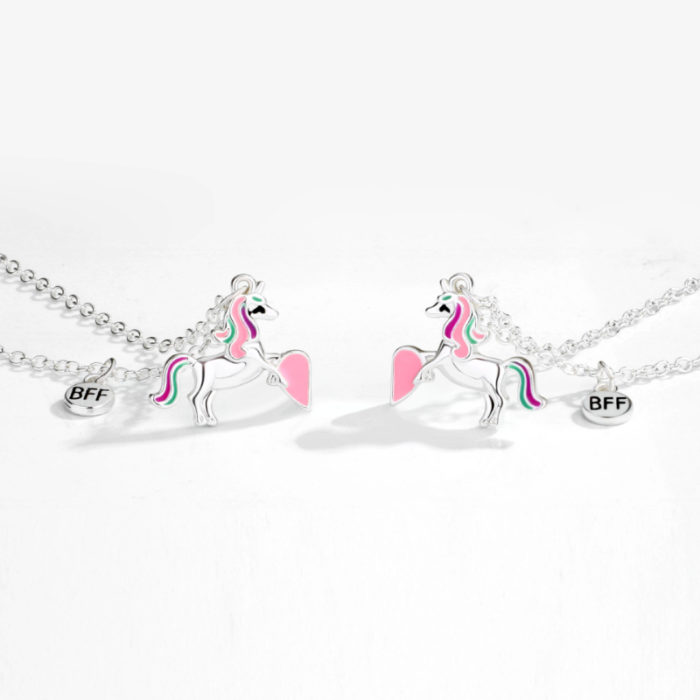 2 Piece Set of Best Friend BFF Heart with Unicorn Pattern Stitching Pendant Chain Friendship Clavicle 1