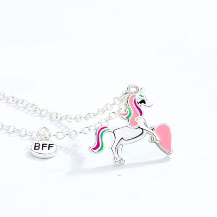 2 Piece Set of Best Friend BFF Heart with Unicorn Pattern Stitching Pendant Chain Friendship Clavicle 2