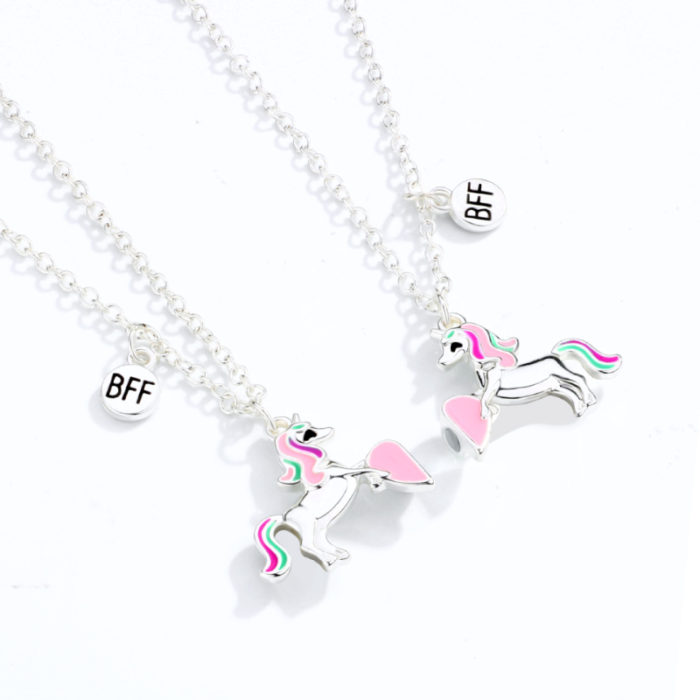 2 Piece Set of Best Friend BFF Heart with Unicorn Pattern Stitching Pendant Chain Friendship Clavicle 3