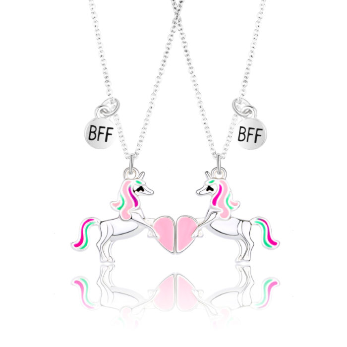 2 Piece Set of Best Friend BFF Heart with Unicorn Pattern Stitching Pendant Chain Friendship Clavicle 4