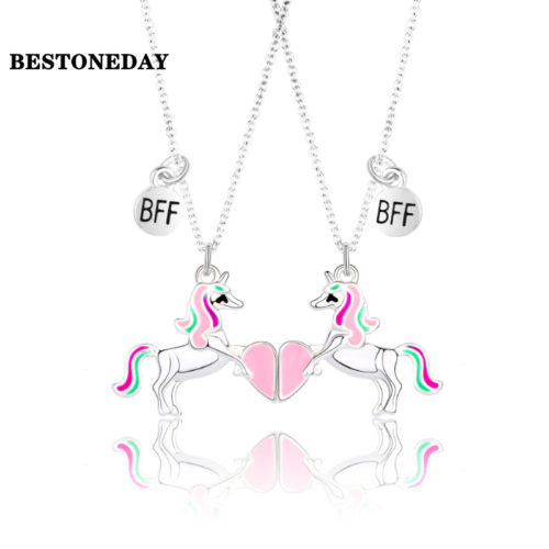 2 Piece Set of Best Friend BFF Heart with Unicorn Pattern Stitching Pendant Chain Friendship Clavicle