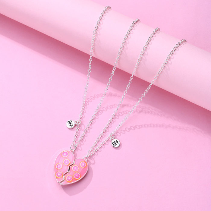 2Pcs Set Fashion Trendy Best Friend Necklace Cute Orange Pattern Heart Enamel Pendant BFF Necklace Gifts 2