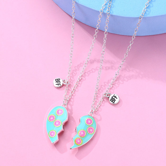 2Pcs Set Fashion Trendy Best Friend Necklace Cute Orange Pattern Heart Enamel Pendant BFF Necklace Gifts 3