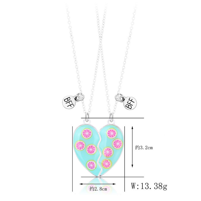 2Pcs Set Fashion Trendy Best Friend Necklace Cute Orange Pattern Heart Enamel Pendant BFF Necklace Gifts 4