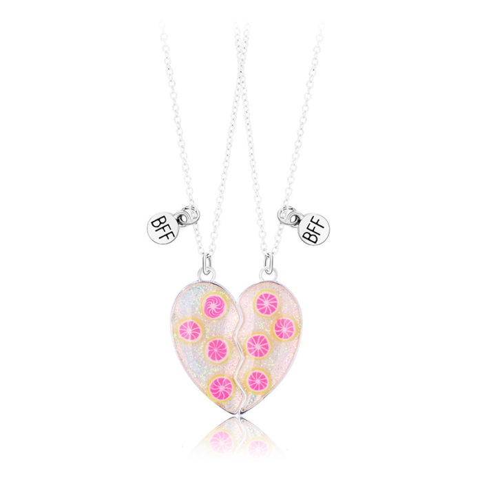 2Pcs Set Fashion Trendy Best Friend Necklace Cute Orange Pattern Heart Enamel Pendant BFF Necklace Gifts 5