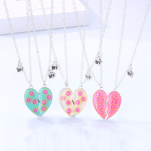 2Pcs Set Fashion Trendy Best Friend Necklace Cute Orange Pattern Heart Enamel Pendant BFF Necklace Gifts