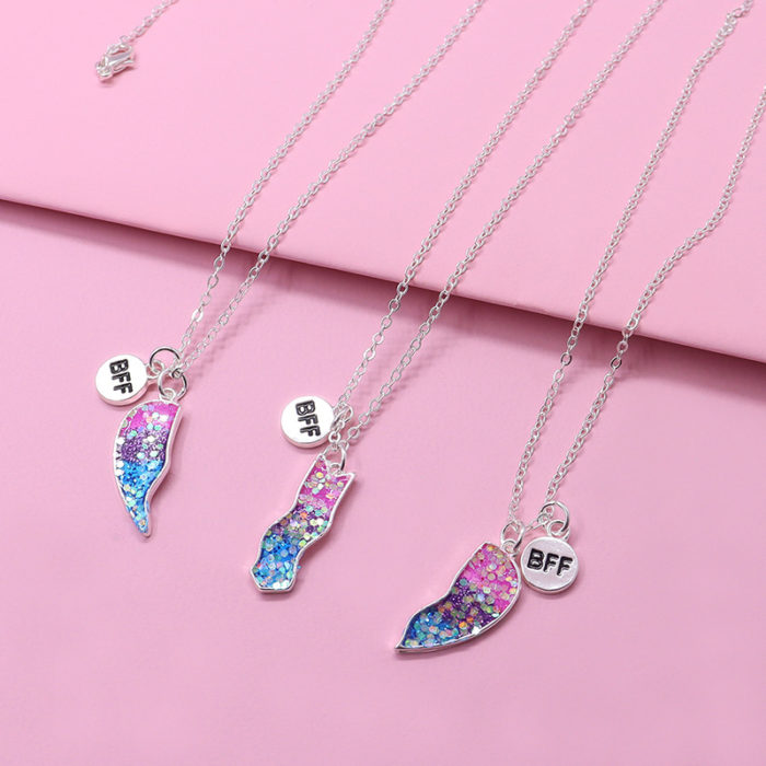 Fashion 2021 3 pack Bff Heart Pendant Necklace Rainbow Enamel Broken Heart Pendant On Stainless Chains 1