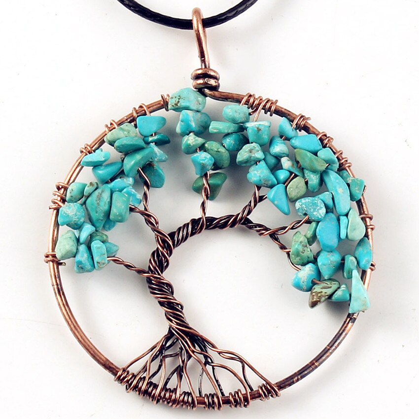 KFT Handmade Red Bronze Wire Wrap Tree of Life Stone Pendant Rope Chain Necklace Green Turquoises