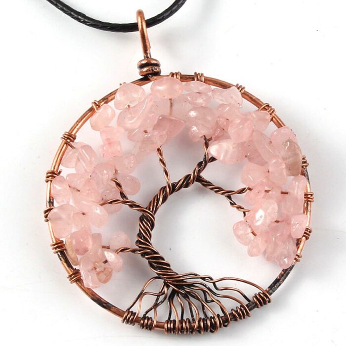 KFT Red Bronze Wire Wrap Tree of Life Stone Pendants Natural Healing Reiki Rose Pink Quartz