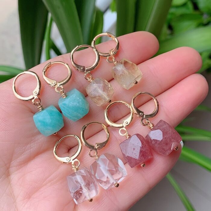 Natural Quartz Stone Earring Cute Small Circle Ear Loop Square Drop Amethysts Citrines Amazonite Clear Crystal 3