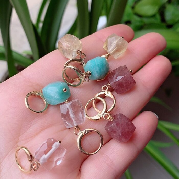 Natural Quartz Stone Earring Cute Small Circle Ear Loop Square Drop Amethysts Citrines Amazonite Clear Crystal 5