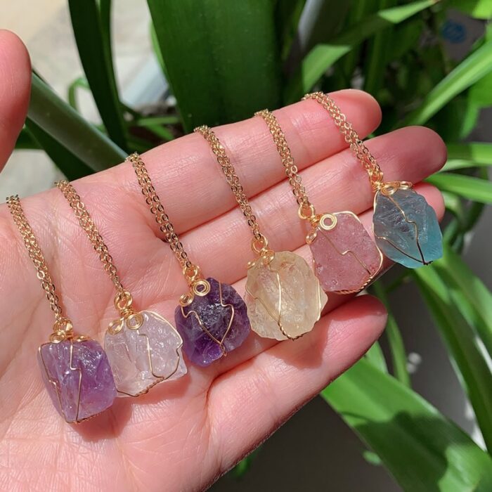 Natural Stone Pendant Necklace Small Rock Quartz Pendulum Amethysts Citrines Fluorite Pink Crystal Necklace for Women 2