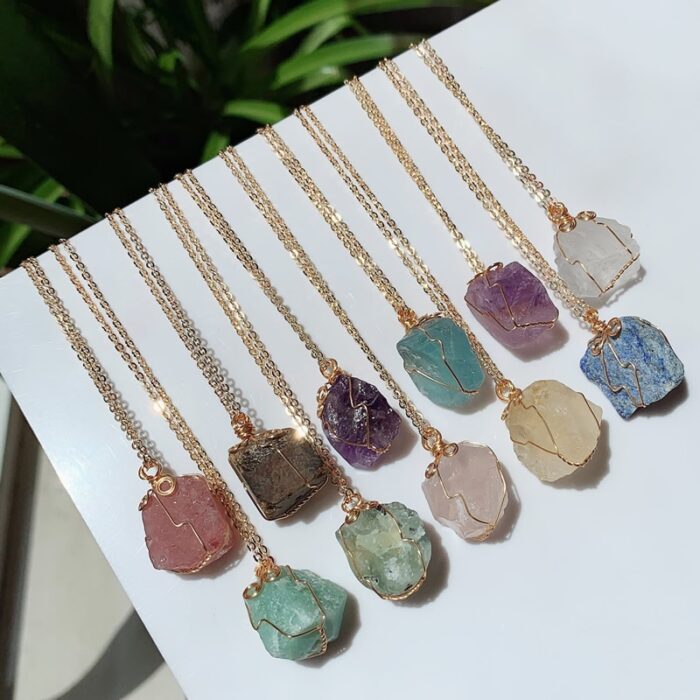 Natural Stone Pendant Necklace Small Rock Quartz Pendulum Amethysts Citrines Fluorite Pink Crystal Necklace for Women