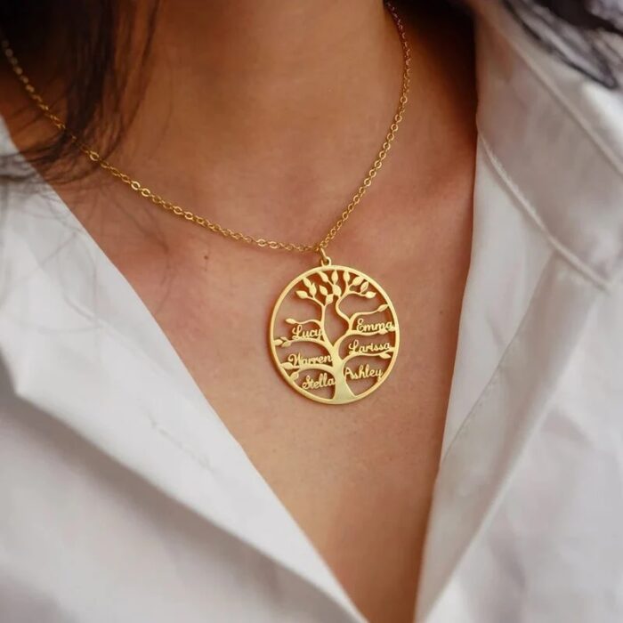 Custom Tree of Life Necklace Personalized Name Ladies Round Gold Stainless Steel Pendant Necklace Family Nameplate 1