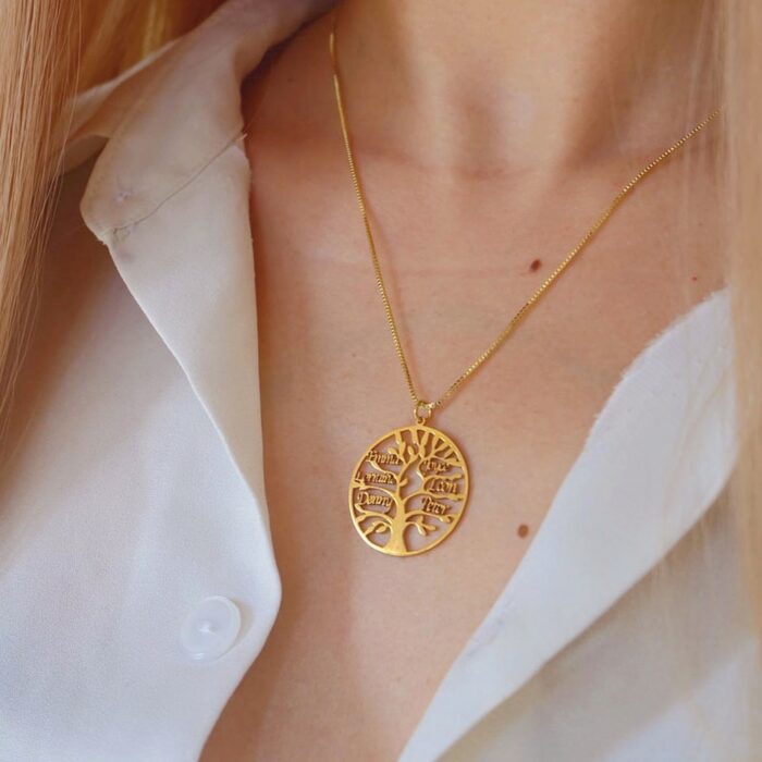 Custom Tree of Life Necklace Personalized Name Ladies Round Gold Stainless Steel Pendant Necklace Family Nameplate 4