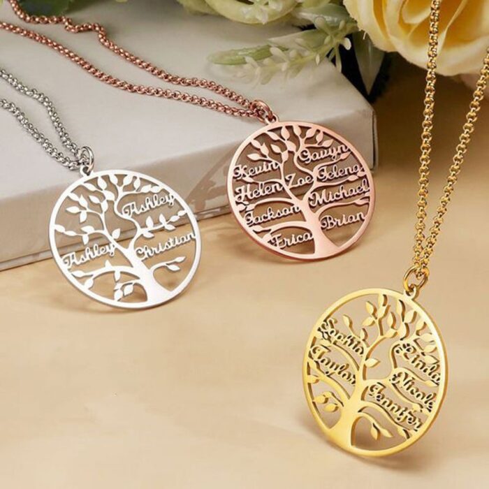 Custom Tree of Life Necklace Personalized Name Ladies Round Gold Stainless Steel Pendant Necklace Family Nameplate