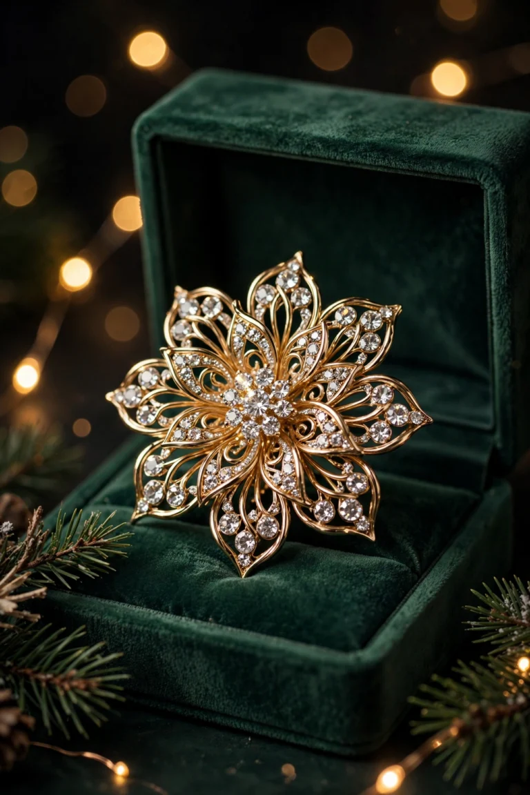 Gold-tone crystal floral brooch on a green velvet jewelry box with Christmas lights