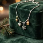 Charm bracelet with star, heart, snowflake and gift charms on a green velvet box with Christmas lights