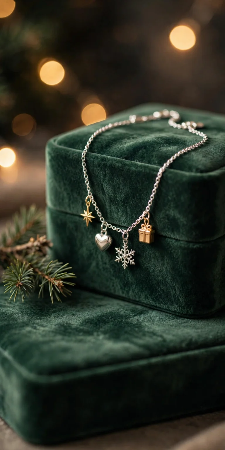 Charm bracelet with star, heart, snowflake and gift charms on a green velvet box with Christmas lights